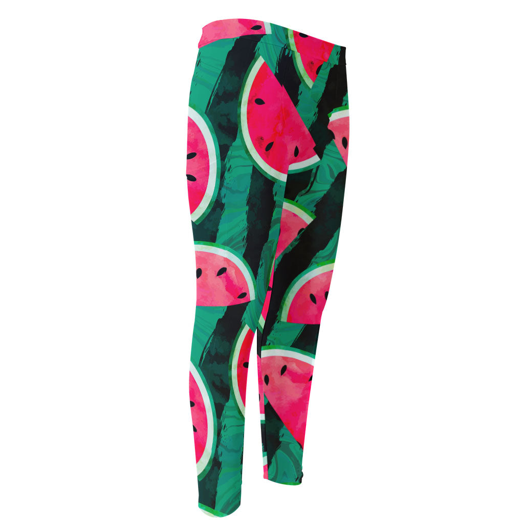 Green Striped Watermelon Pattern Print Men's Compression Pants