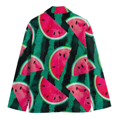 Green Striped Watermelon Pattern Print Men's Cotton Blazer