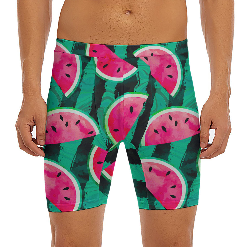 Green Striped Watermelon Pattern Print Men's Long Boxer Briefs