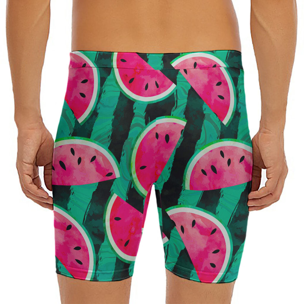 Green Striped Watermelon Pattern Print Men's Long Boxer Briefs