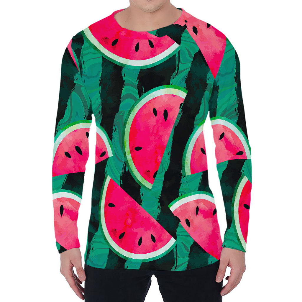 Green Striped Watermelon Pattern Print Men's Long Sleeve T-Shirt