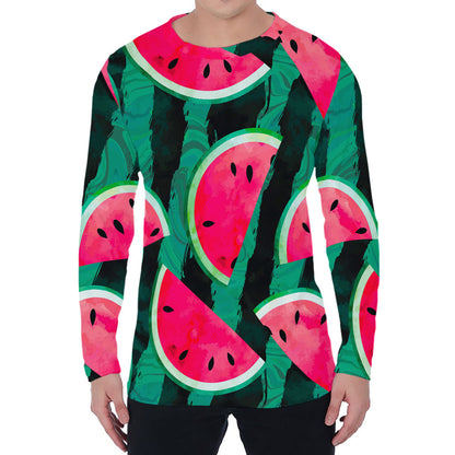 Green Striped Watermelon Pattern Print Men's Long Sleeve T-Shirt