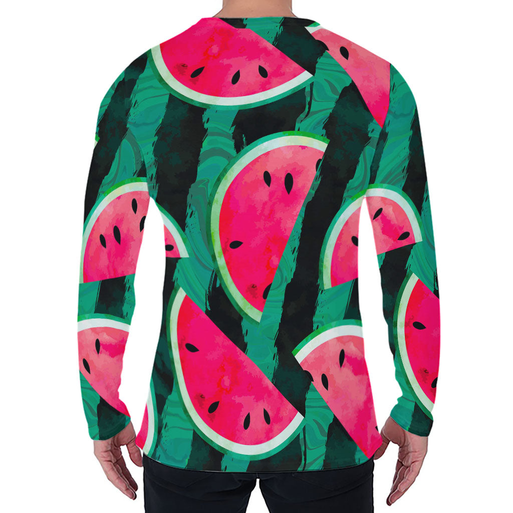 Green Striped Watermelon Pattern Print Men's Long Sleeve T-Shirt