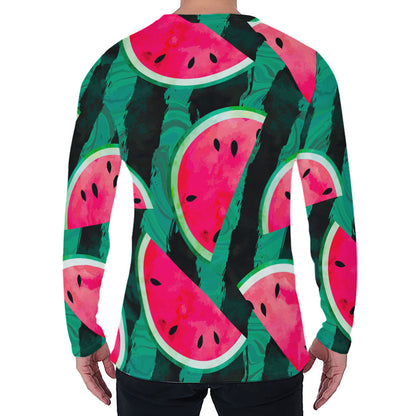 Green Striped Watermelon Pattern Print Men's Long Sleeve T-Shirt