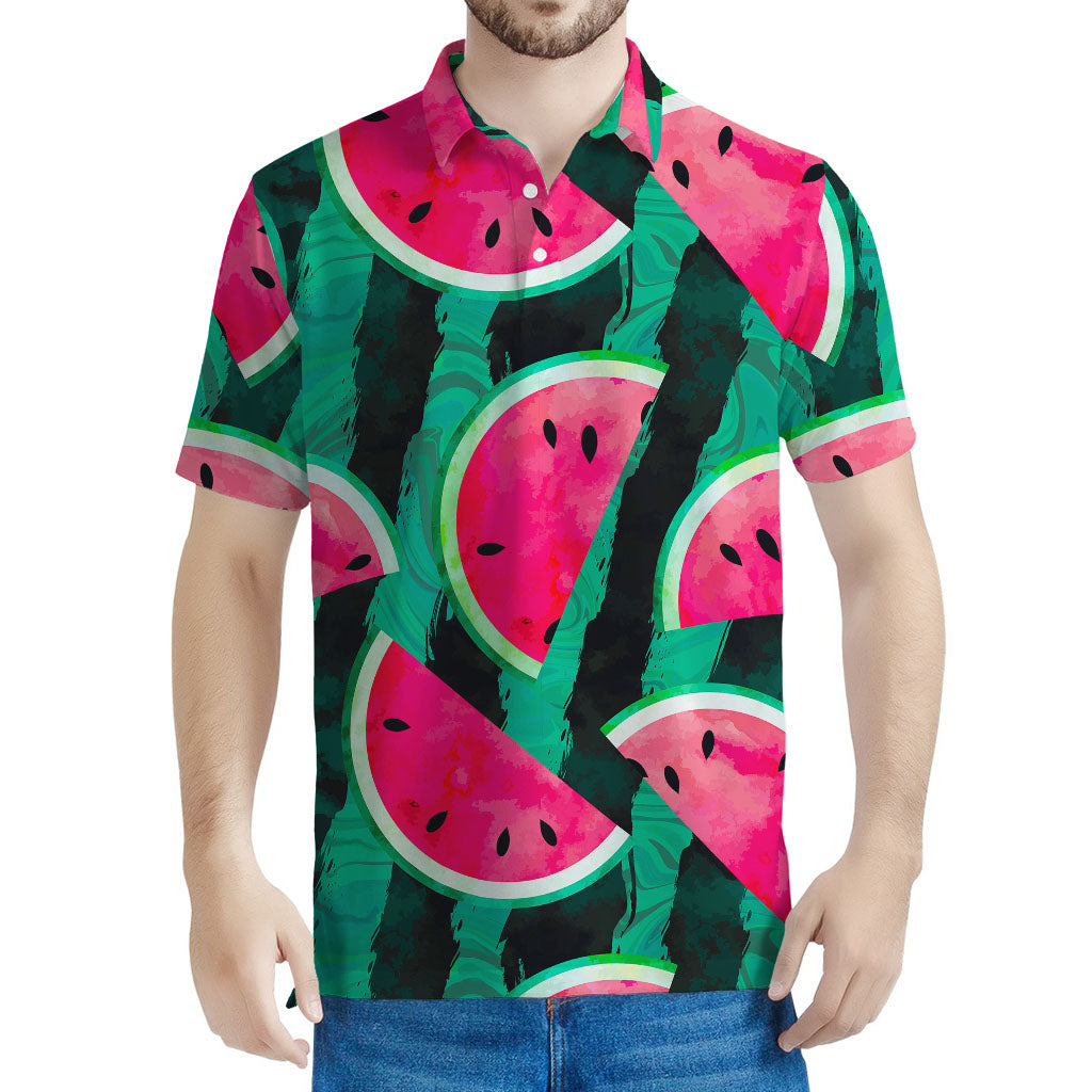 Green Striped Watermelon Pattern Print Men's Polo Shirt