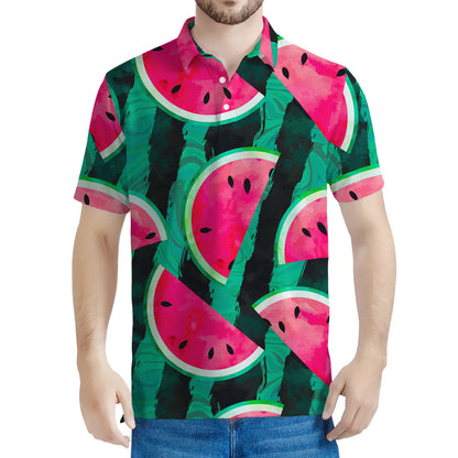 Green Striped Watermelon Pattern Print Men's Polo Shirt