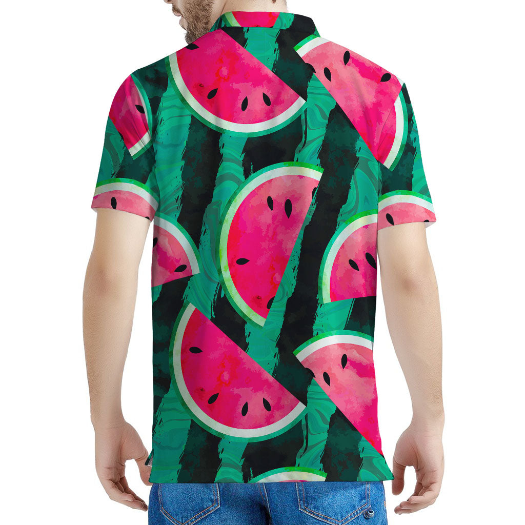 Green Striped Watermelon Pattern Print Men's Polo Shirt