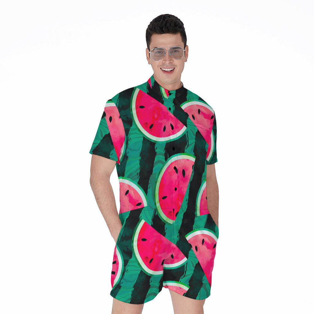 Green Striped Watermelon Pattern Print Men's Rompers