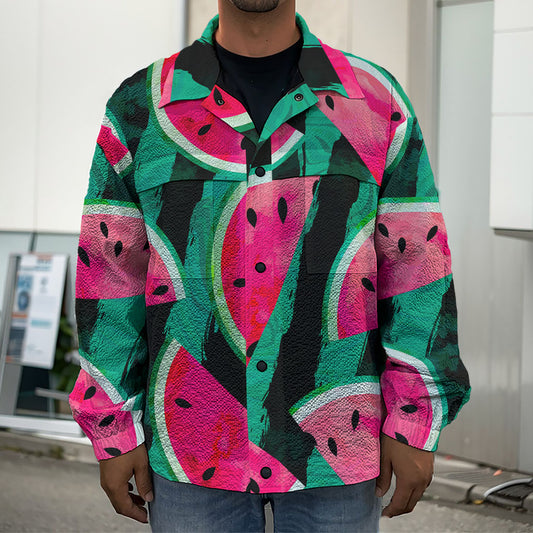 Green Striped Watermelon Pattern Print Men's Shirt Jacket