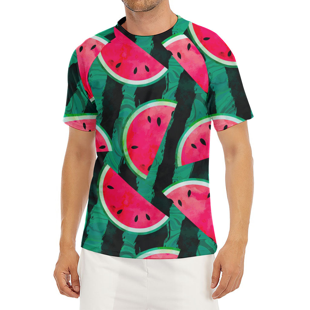 Green Striped Watermelon Pattern Print Men's Short Sleeve Rash Guard
