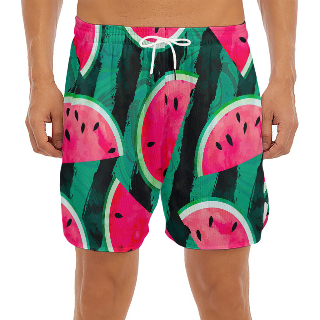 Green Striped Watermelon Pattern Print Men's Split Running Shorts