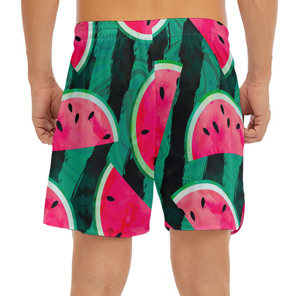 Green Striped Watermelon Pattern Print Men's Split Running Shorts