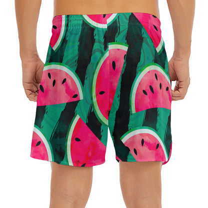 Green Striped Watermelon Pattern Print Men's Split Running Shorts