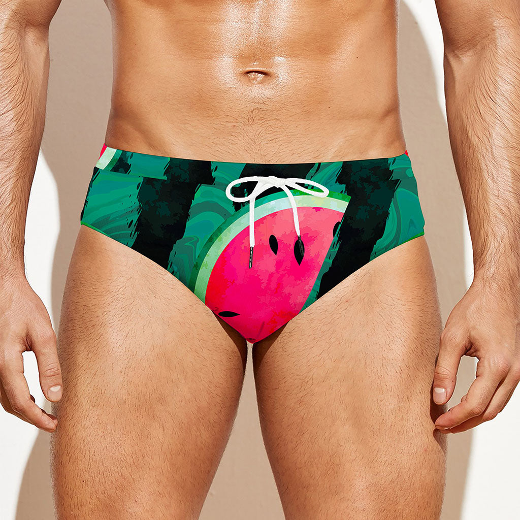 Green Striped Watermelon Pattern Print Men's Swim Briefs
