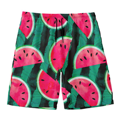 Green Striped Watermelon Pattern Print Men's Swim Trunks
