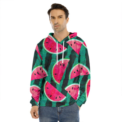 Green Striped Watermelon Pattern Print Men's Velvet Pullover Hoodie