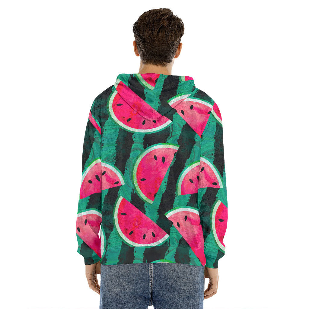 Green Striped Watermelon Pattern Print Men's Velvet Pullover Hoodie