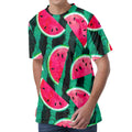 Green Striped Watermelon Pattern Print Men's Velvet T-Shirt