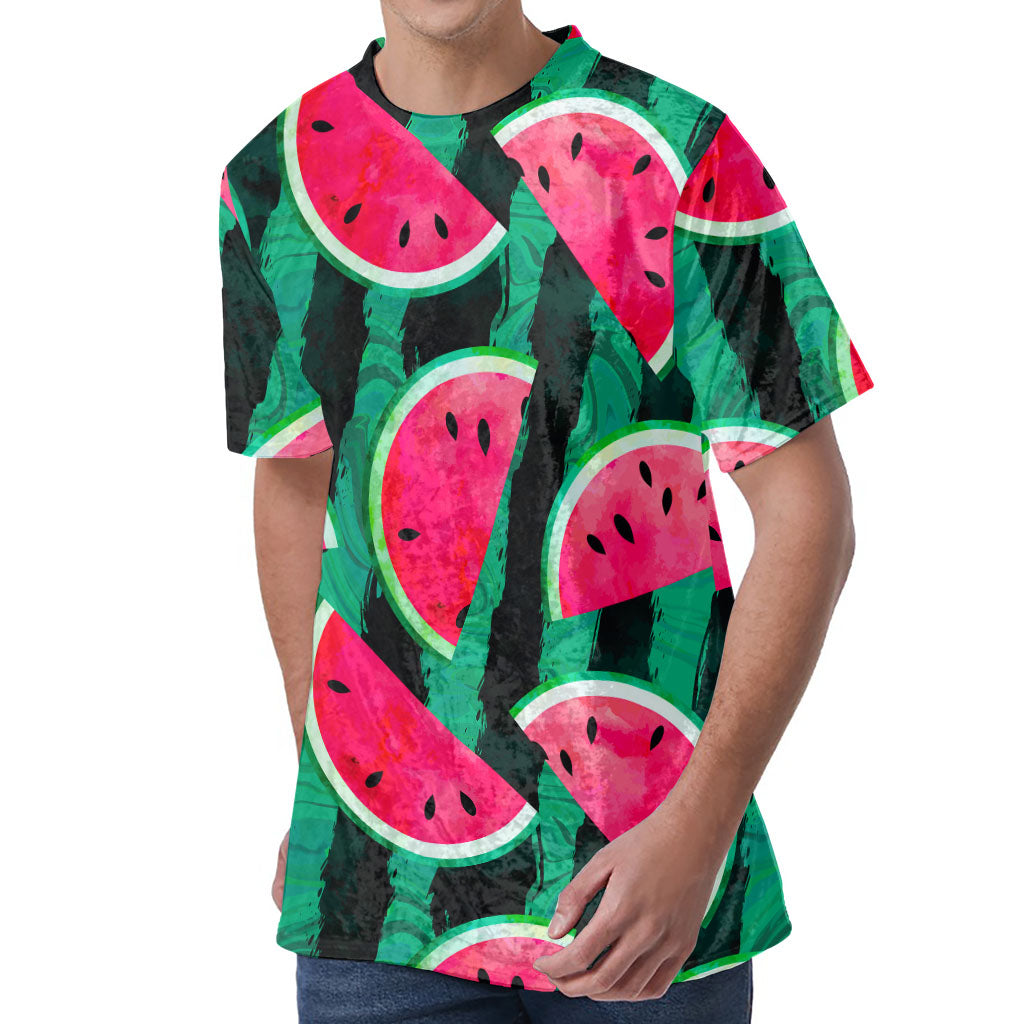 Green Striped Watermelon Pattern Print Men's Velvet T-Shirt