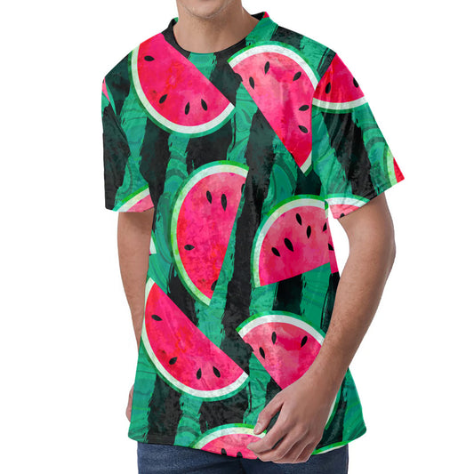 Green Striped Watermelon Pattern Print Men's Velvet T-Shirt