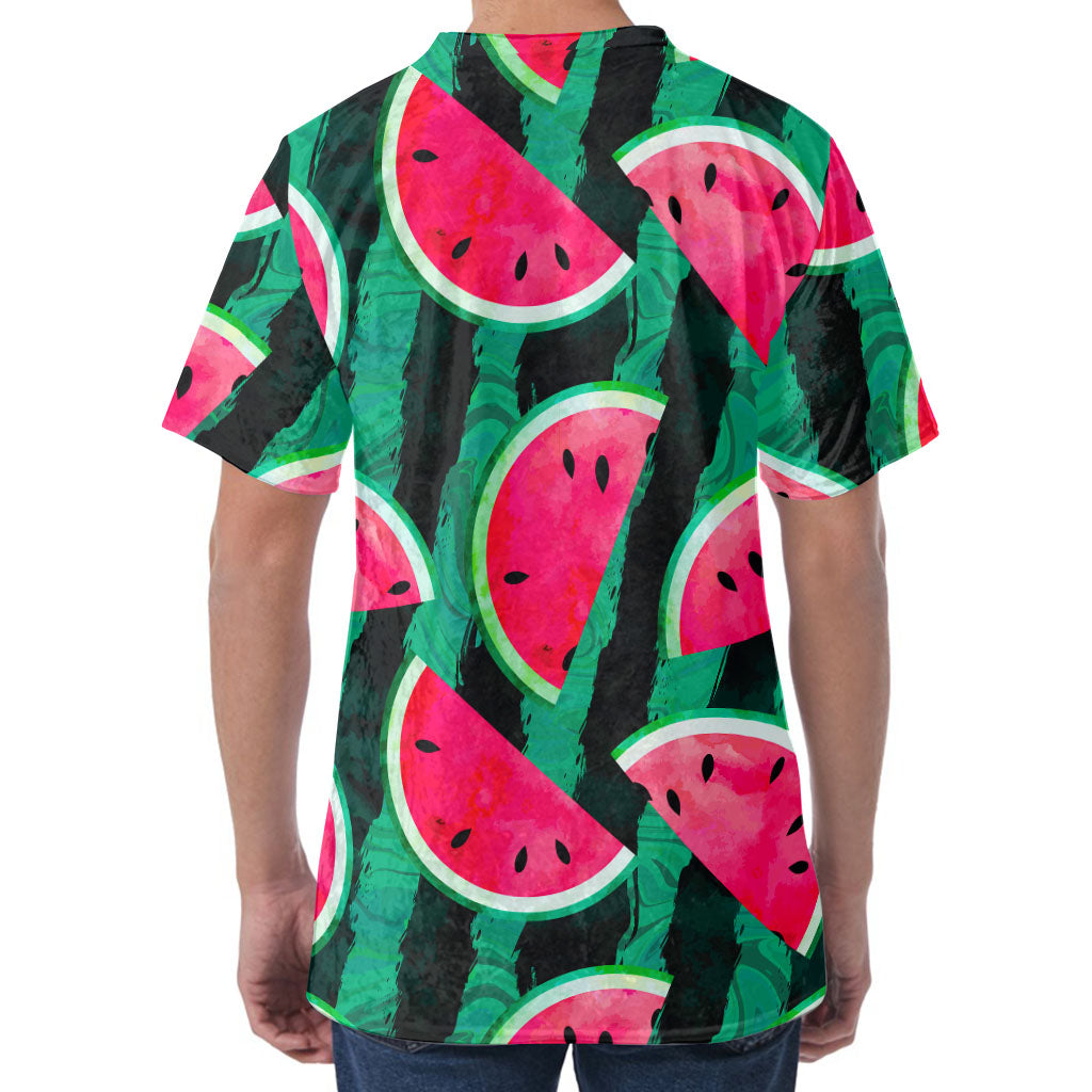 Green Striped Watermelon Pattern Print Men's Velvet T-Shirt