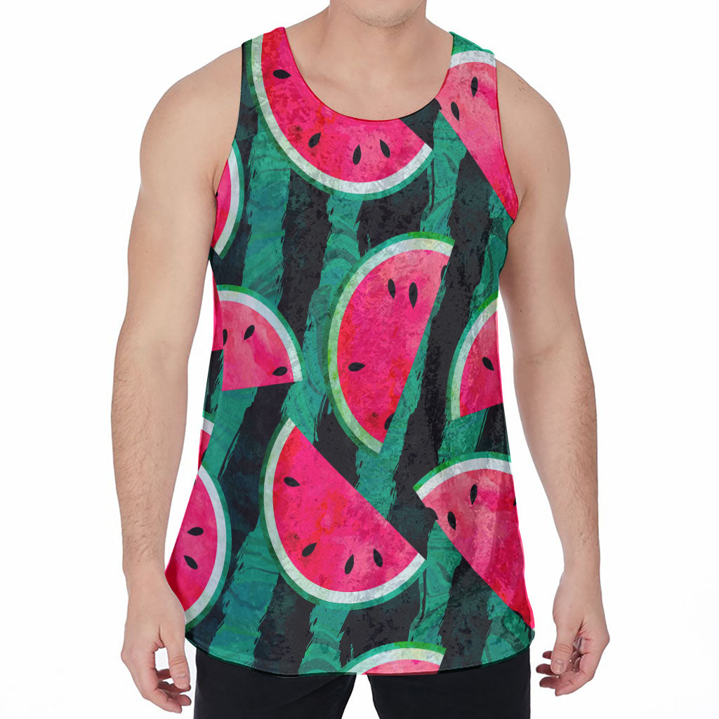 Green Striped Watermelon Pattern Print Men's Velvet Tank Top