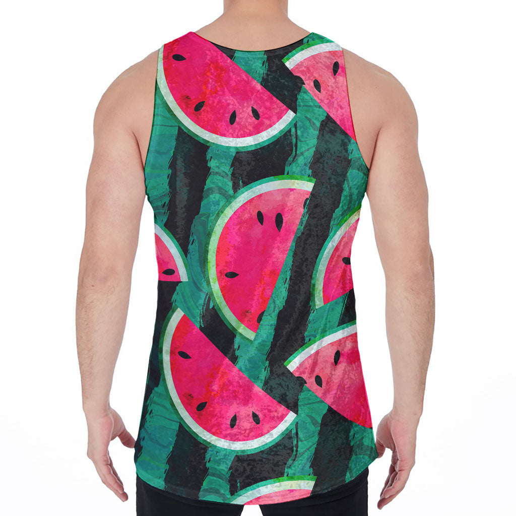 Green Striped Watermelon Pattern Print Men's Velvet Tank Top