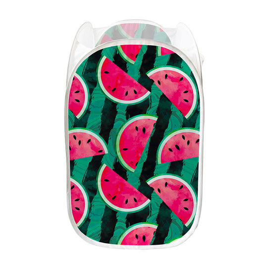 Green Striped Watermelon Pattern Print Mesh Laundry Hamper