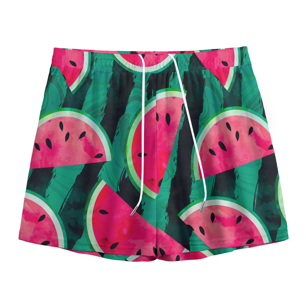 Green Striped Watermelon Pattern Print Mesh Shorts