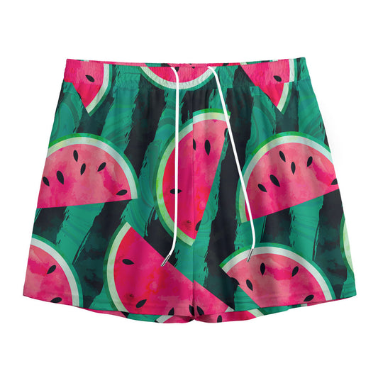 Green Striped Watermelon Pattern Print Mesh Shorts