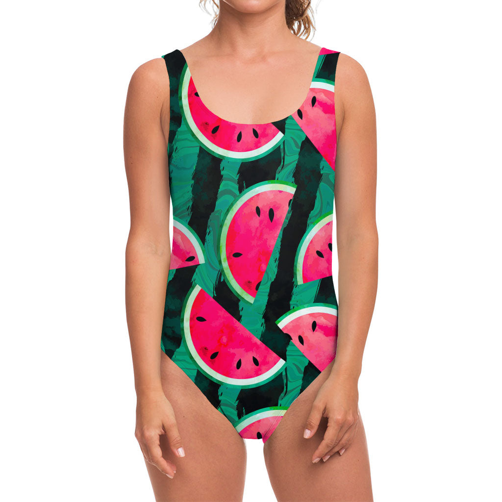 Green Striped Watermelon Pattern Print One Piece Swimsuit