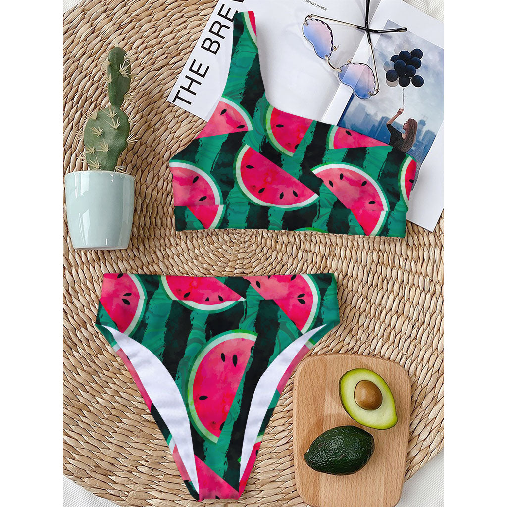 Green Striped Watermelon Pattern Print One Shoulder Bikini Top