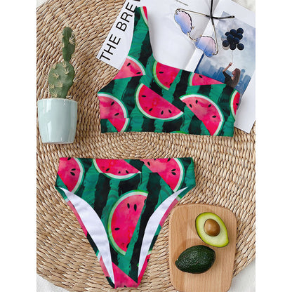 Green Striped Watermelon Pattern Print One Shoulder Bikini Top