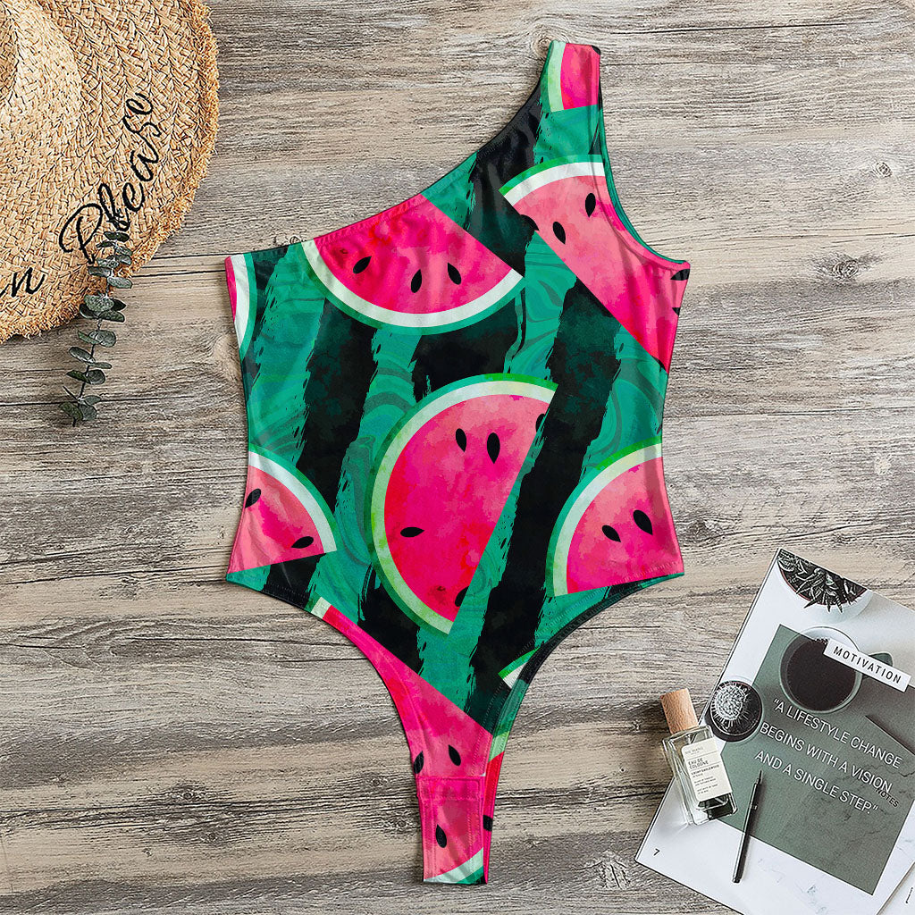 Green Striped Watermelon Pattern Print One Shoulder Bodysuit