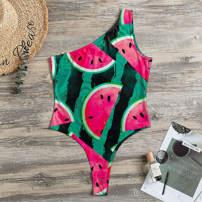 Green Striped Watermelon Pattern Print One Shoulder Bodysuit