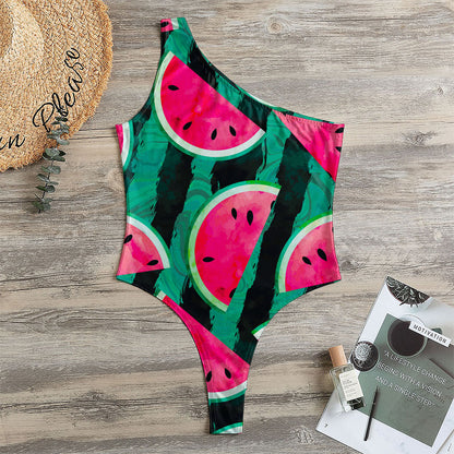 Green Striped Watermelon Pattern Print One Shoulder Bodysuit
