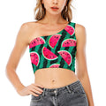 Green Striped Watermelon Pattern Print One Shoulder Crop Top