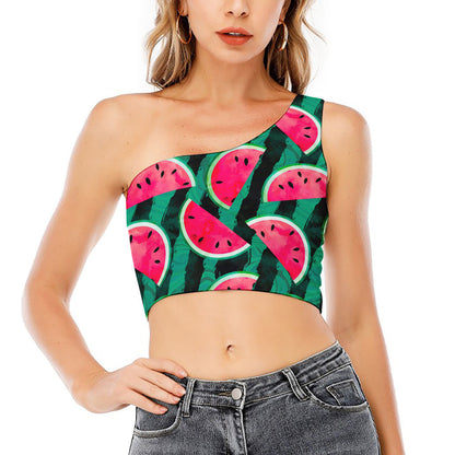 Green Striped Watermelon Pattern Print One Shoulder Crop Top