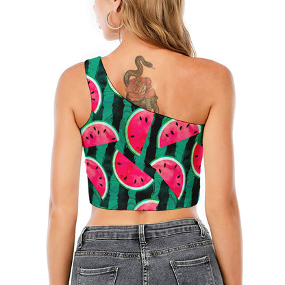 Green Striped Watermelon Pattern Print One Shoulder Crop Top