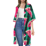 Green Striped Watermelon Pattern Print Open Front Beach Cover Up