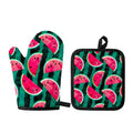 Green Striped Watermelon Pattern Print Oven Mitt And Pot Holder Set