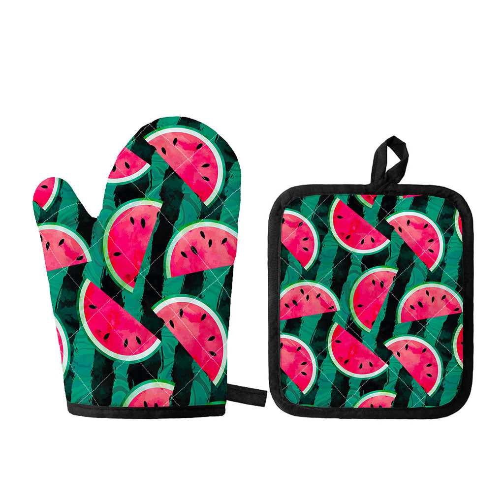 Green Striped Watermelon Pattern Print Oven Mitt And Pot Holder Set