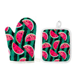 Green Striped Watermelon Pattern Print Oven Mitt And Pot Holder Set