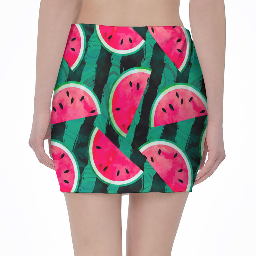 Green Striped Watermelon Pattern Print Pencil Mini Skirt