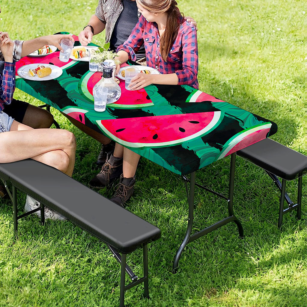 Green Striped Watermelon Pattern Print Picnic Table Cover
