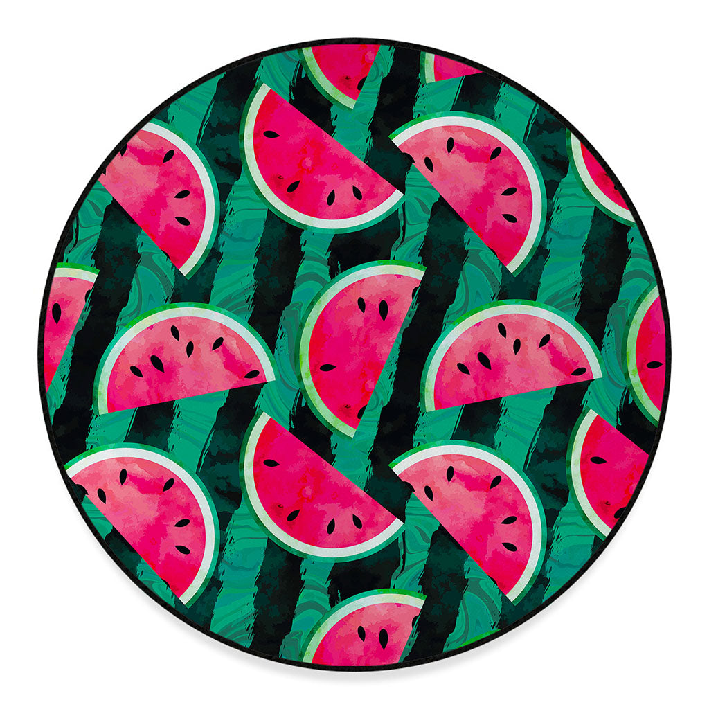 Green Striped Watermelon Pattern Print Round Floor Mat