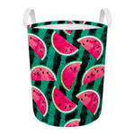 Green Striped Watermelon Pattern Print Round Laundry Basket