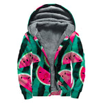 Green Striped Watermelon Pattern Print Sherpa Lined Zip Up Hoodie