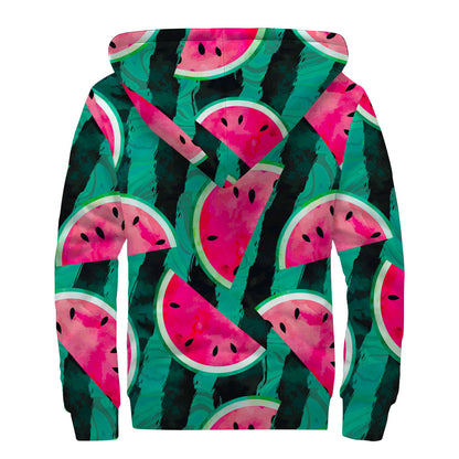 Green Striped Watermelon Pattern Print Sherpa Lined Zip Up Hoodie