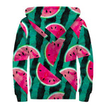 Green Striped Watermelon Pattern Print Sherpa Lined Zip Up Hoodie